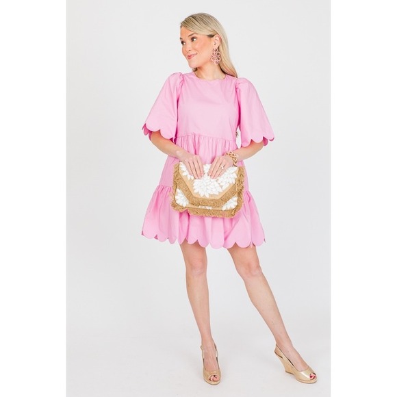 English Factory Pink Scalloped Tiered Mini Dress Small Puff Sleeve Preppy Cotton - Picture 12 of 12